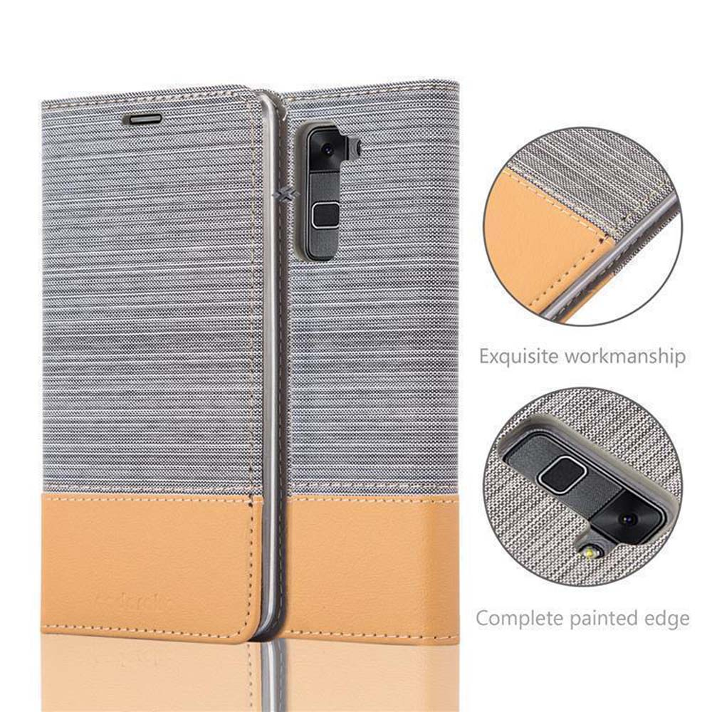 Handyhülle mit grauem und beigem Design. Das Telefon befindet sich teilweise in der Hülle.