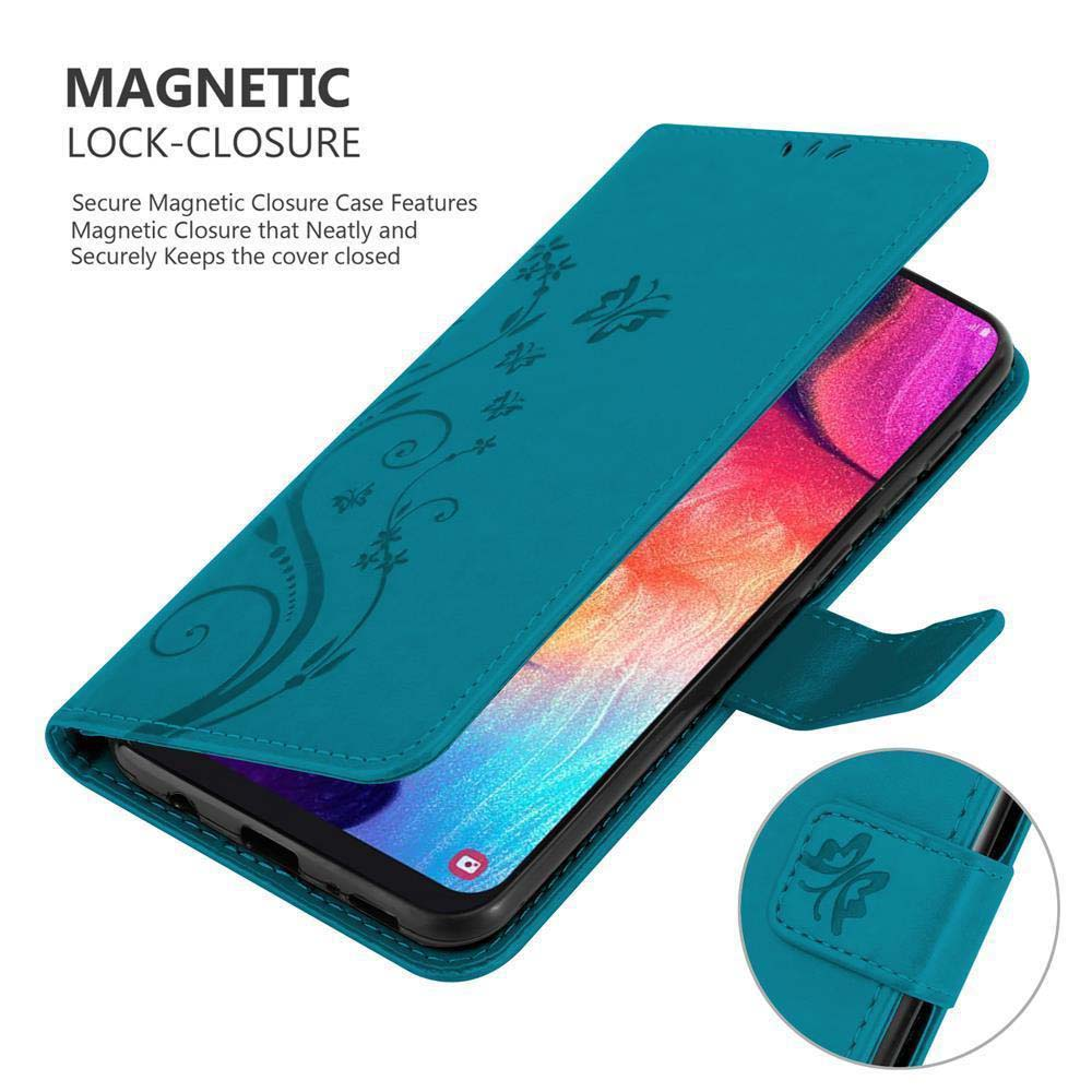 Custodia turchese con design floreale, chiusura magnetica, telefono e testo.