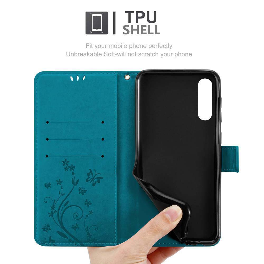 Custodia per telefono verde acqua, aperta, rivelando un telefono nero e decorazioni floreali. Testo: 'TPU SHELL'.