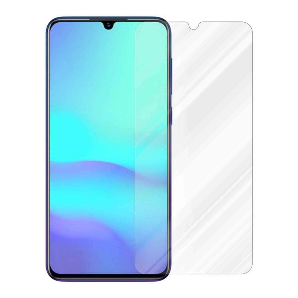 Un telefono blu con una protezione per lo schermo accanto. La protezione è trasparente e chiara.