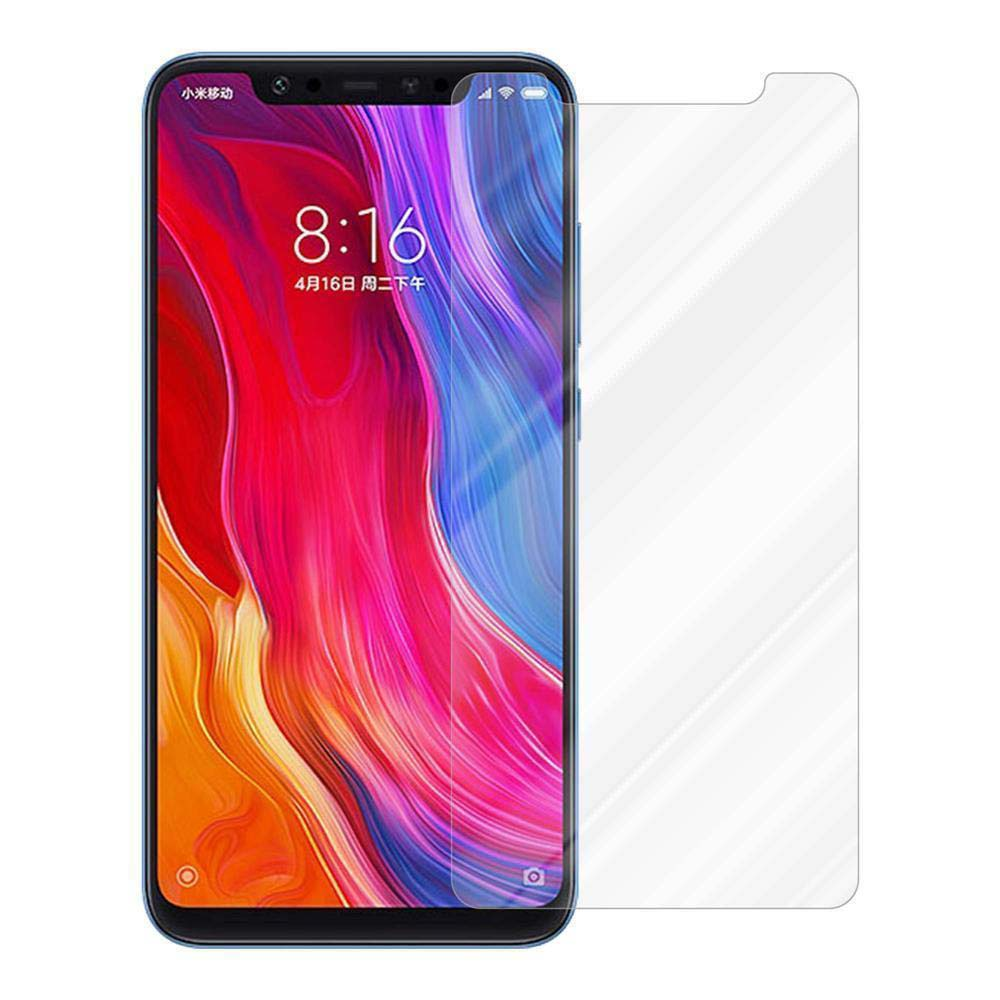 Proteggi schermo per telefono, mostra lo schermo del telefono con ora e icone. Vetro trasparente, sfondo bianco.