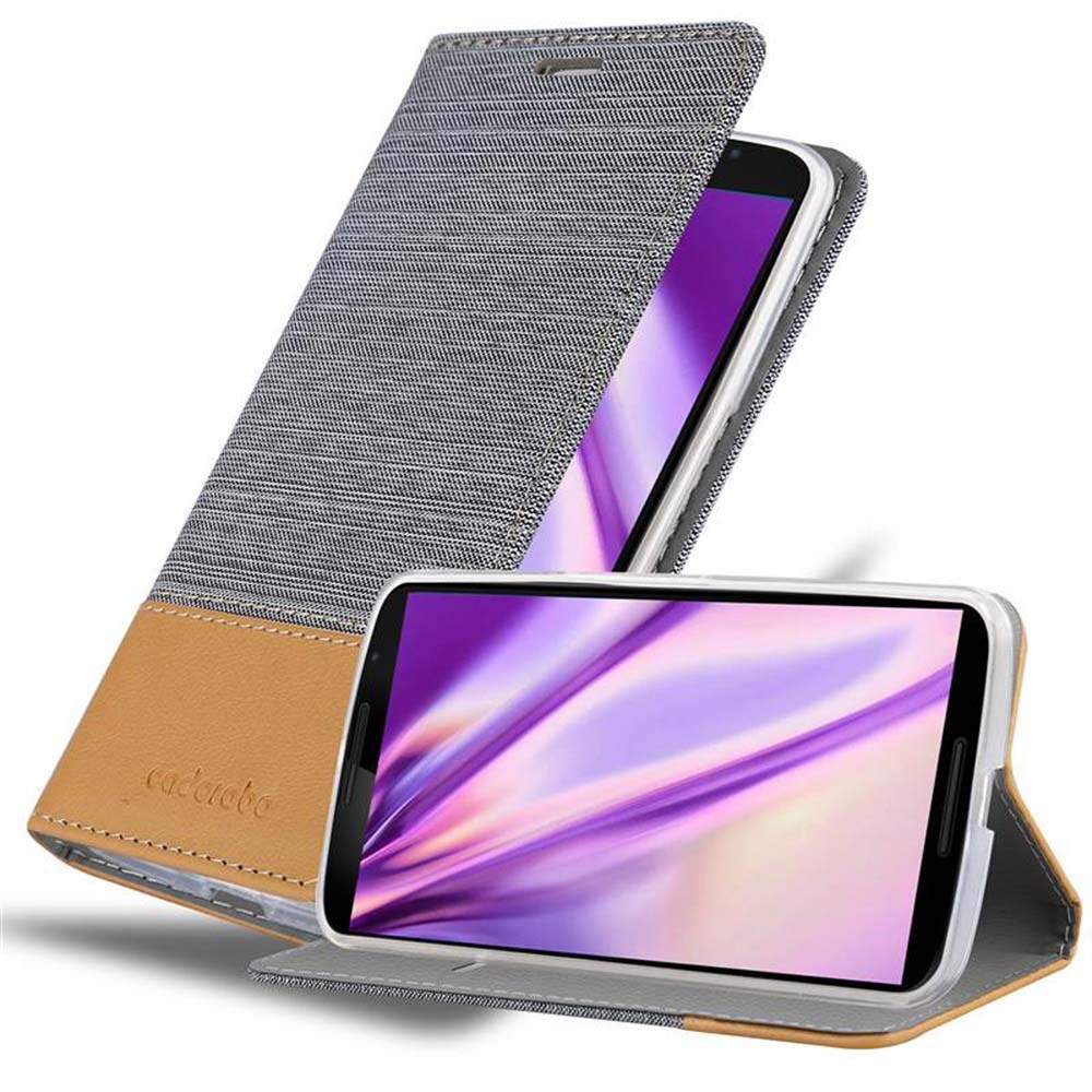 Dos teléfonos en fundas. Uno abierto, otro cerrado. Funda gris y marrón.