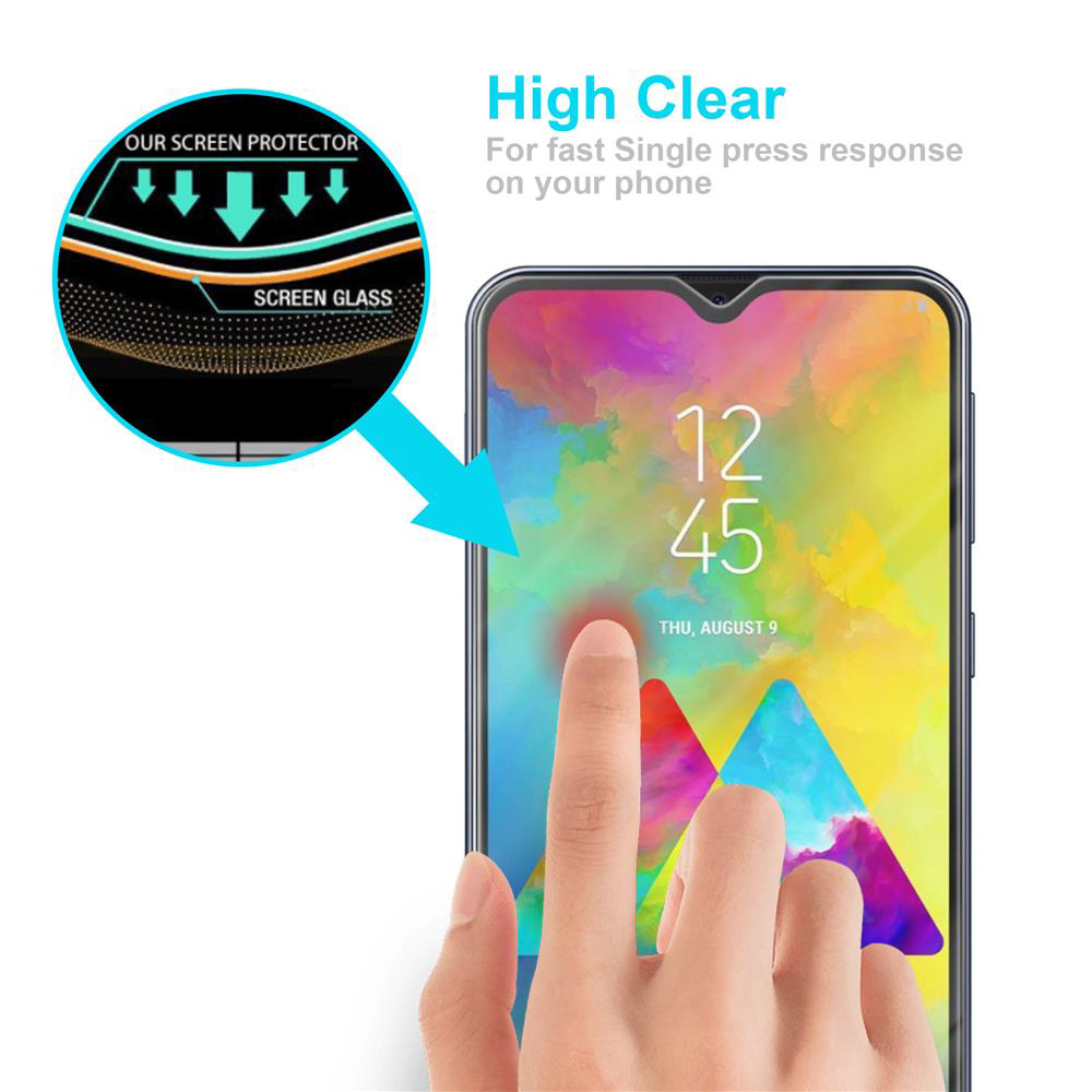 Dito che tocca lo schermo del telefono. Testo: High Clear, Our Screen Protector e Screen Glass.