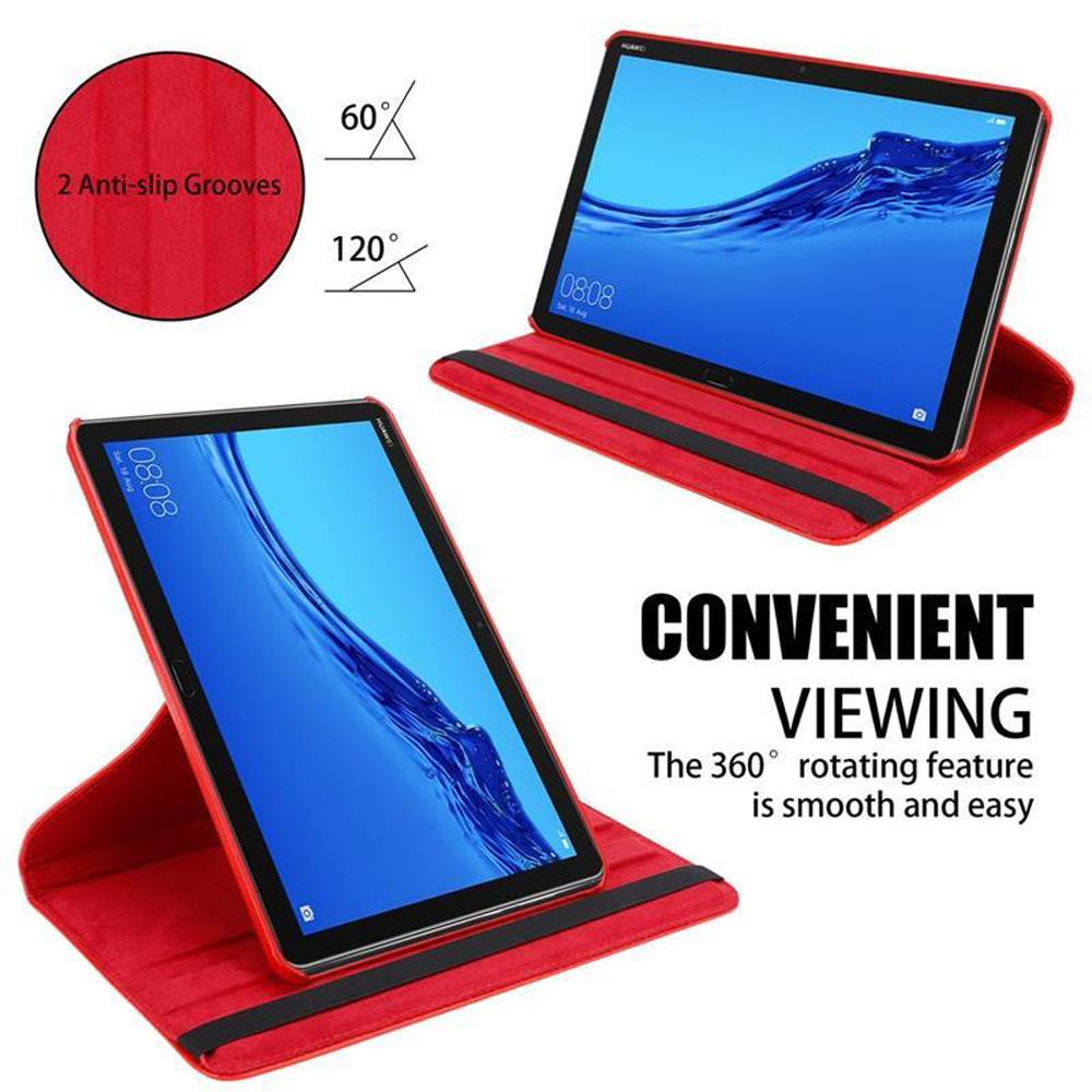 Tablet in roter Hülle, mit Drehfunktion. Weißer Hintergrund.