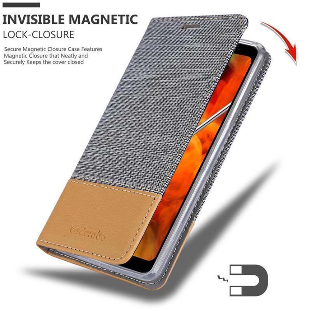 Custodia per telefono in primo piano con chiusura magnetica, aperta, e il telefono dentro.