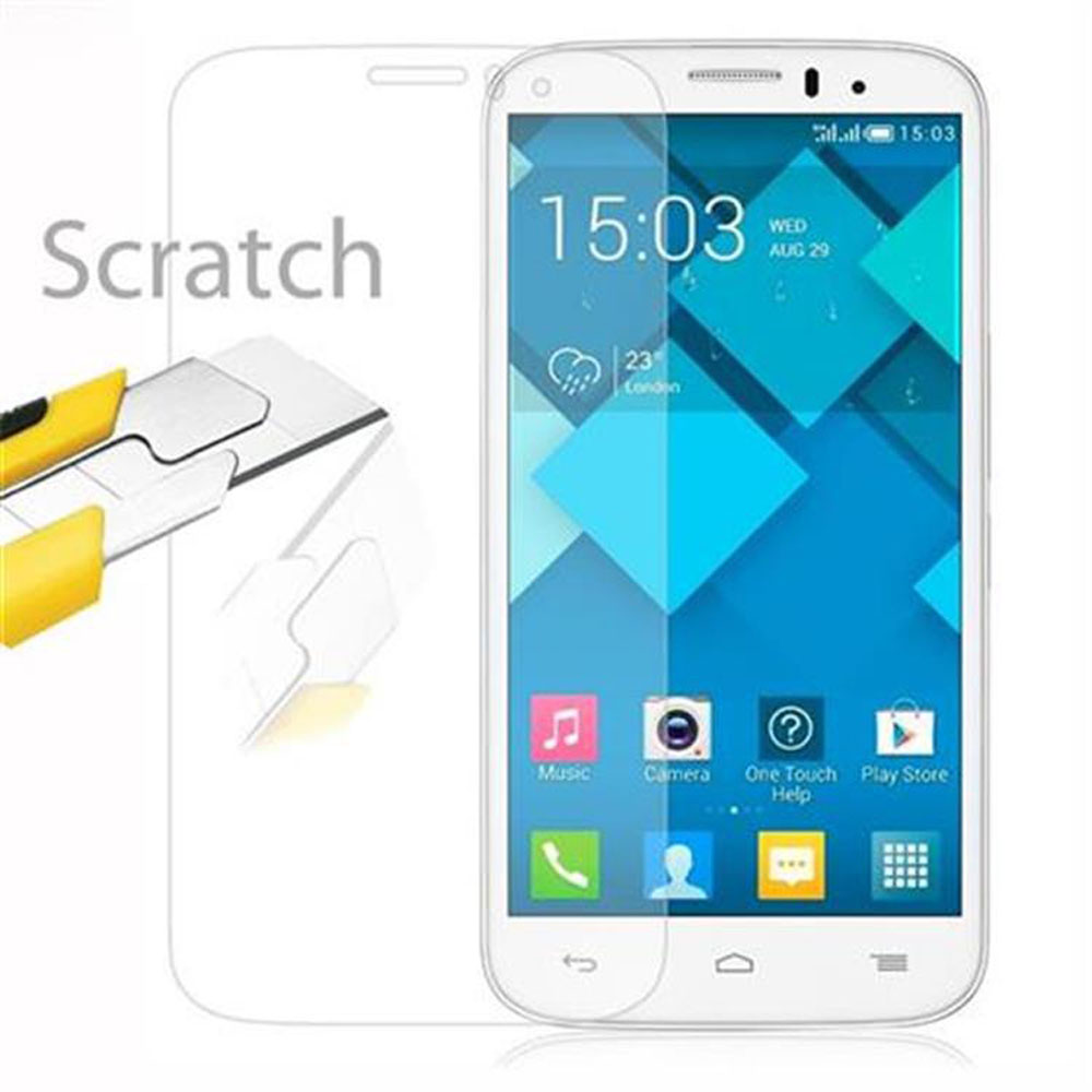Telefono bianco con protezione schermo applicata. Utensile giallo, sfondo bianco.
