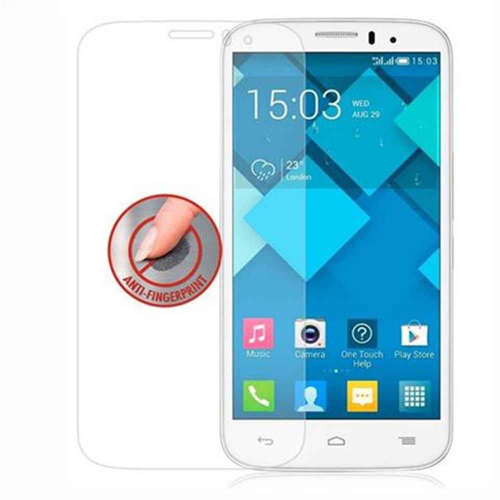 Telefono con protezione schermo. La protezione ha un'etichetta anti-impronta e il telefono mostra le icone delle app.