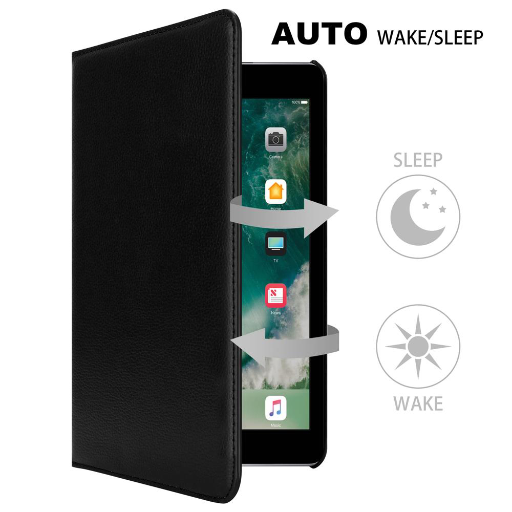 Schwarze Handyhülle mit offener Klappe, die den Telefonbildschirm zeigt. Text erwähnt Auto-Wake/Sleep-Funktion.