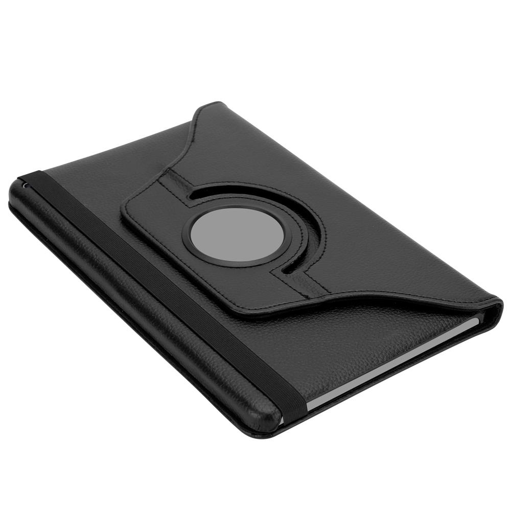 Schwarze Tablethülle mit kreisförmiger Öffnung und schwarzem Gummiband.