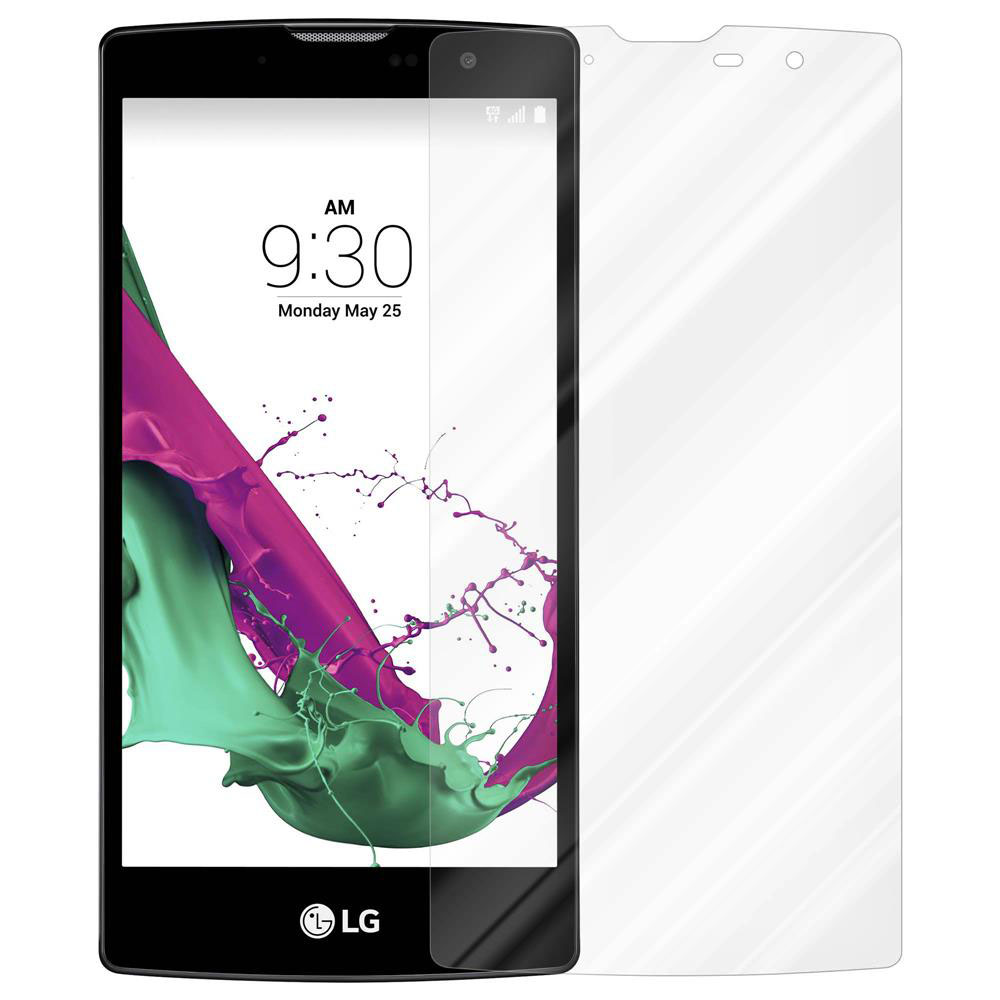 Teléfono con protector de pantalla. Muestra hora, fecha y salpicaduras de pintura. El protector es transparente.
