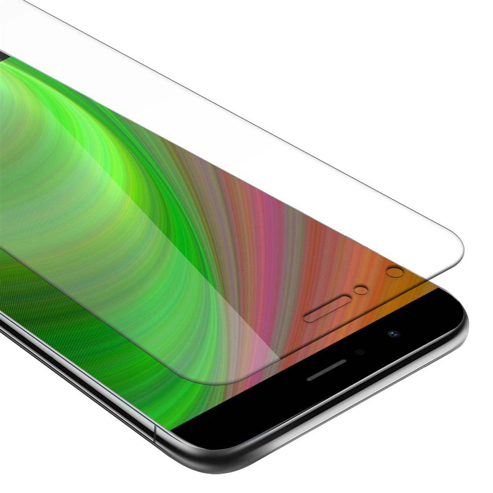 Un telefono con protezione per lo schermo. Lo schermo ha colori verdi, gialli e arancioni e un bordo nero.