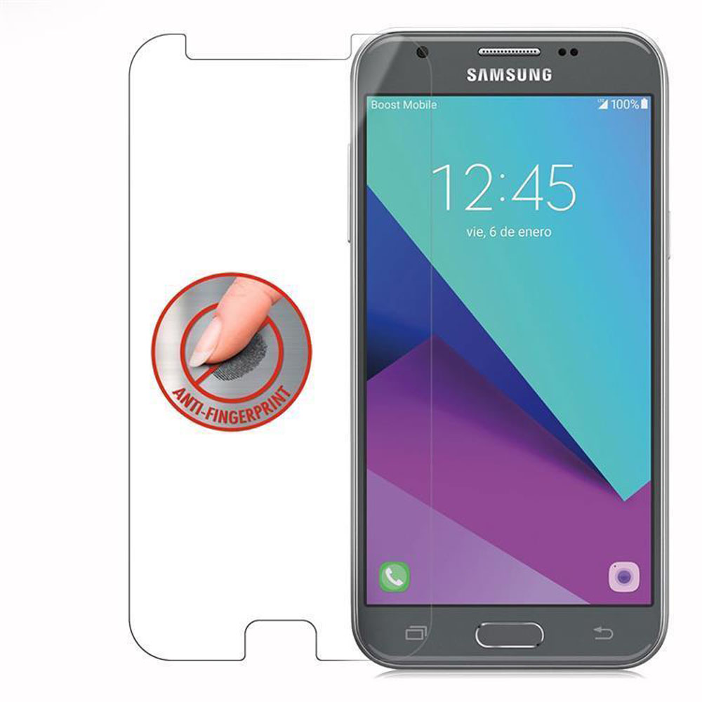 Telefono Samsung con protezione schermo che mostra l'ora. Icona impronta digitale sulla protezione. Lo schermo mostra l'ora.