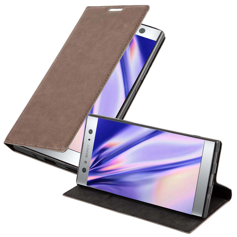 Dos teléfonos con fundas marrones. La funda abierta muestra la pantalla. Marca Sony.