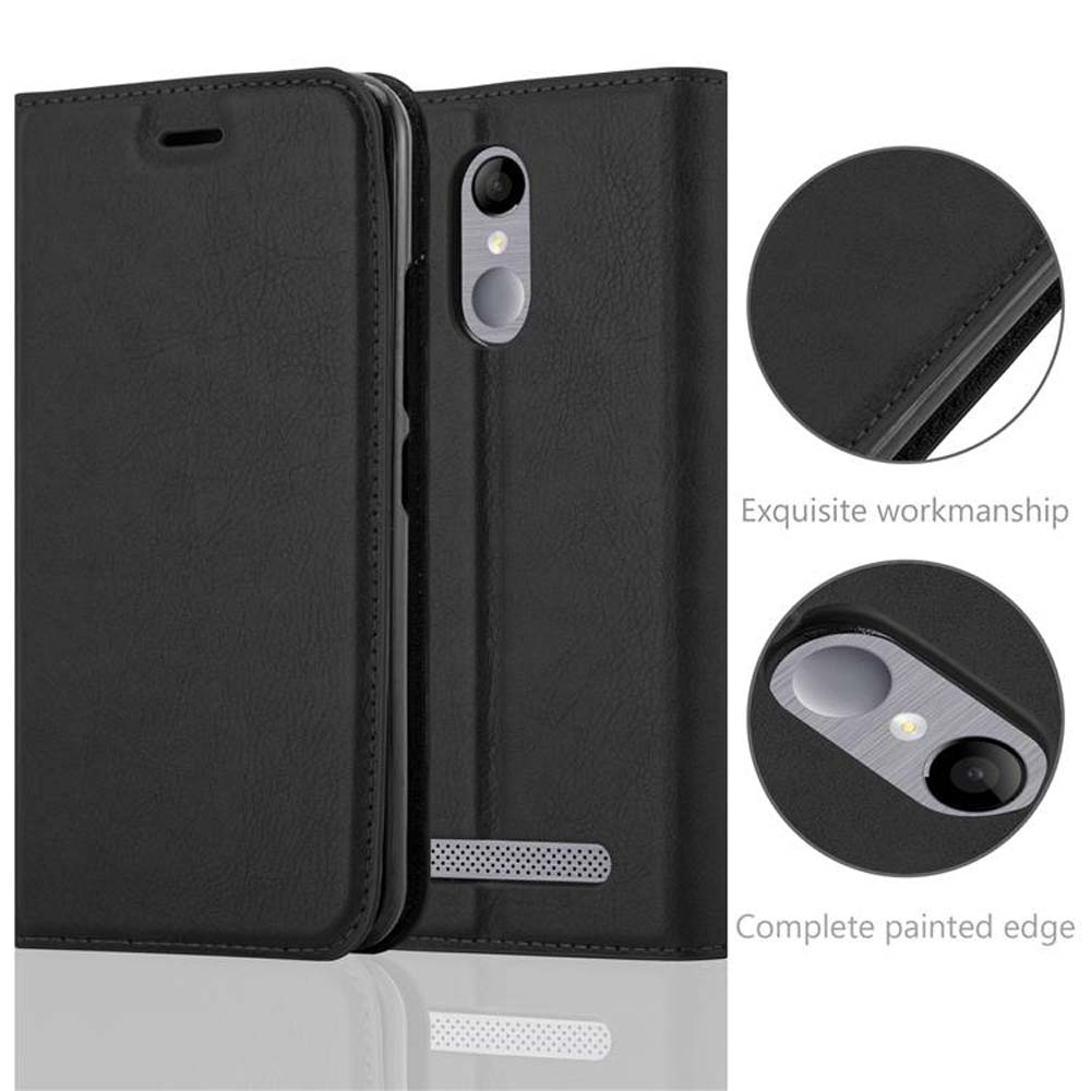 Custodia per telefono nera, aperta, con immagini dettagliate di cuciture e area fotocamera.