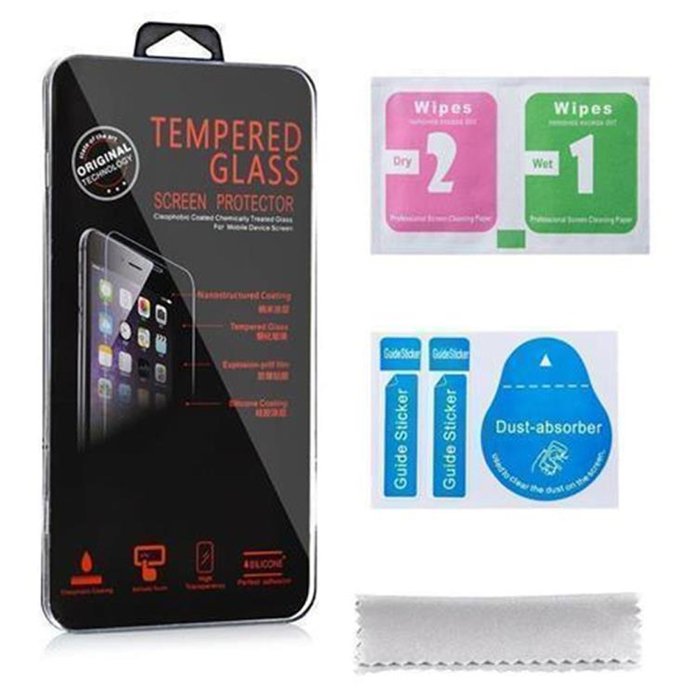Kit protezione schermo in vetro temperato con salviette, assorbi polvere e adesivi guida.