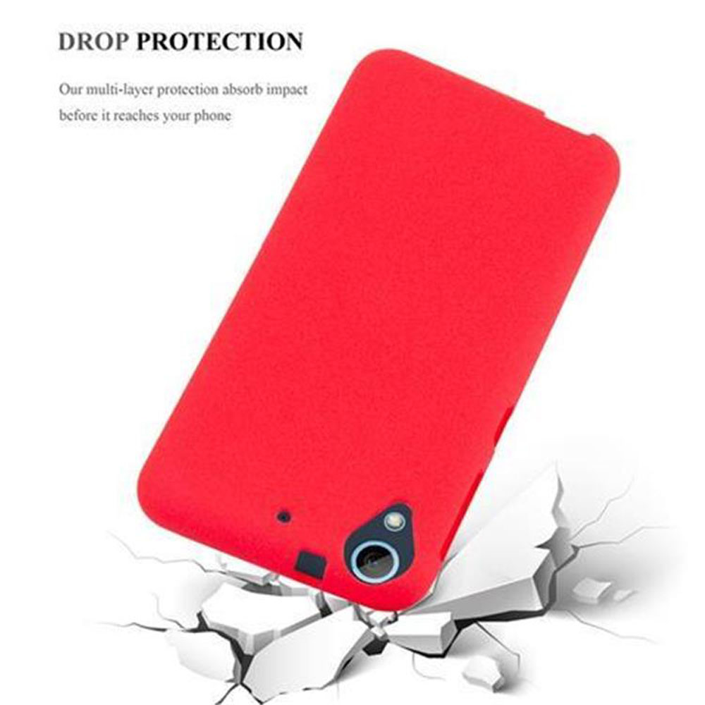 Custodia rossa per telefono su superficie bianca crepata. Testo: 'Drop Protection'.