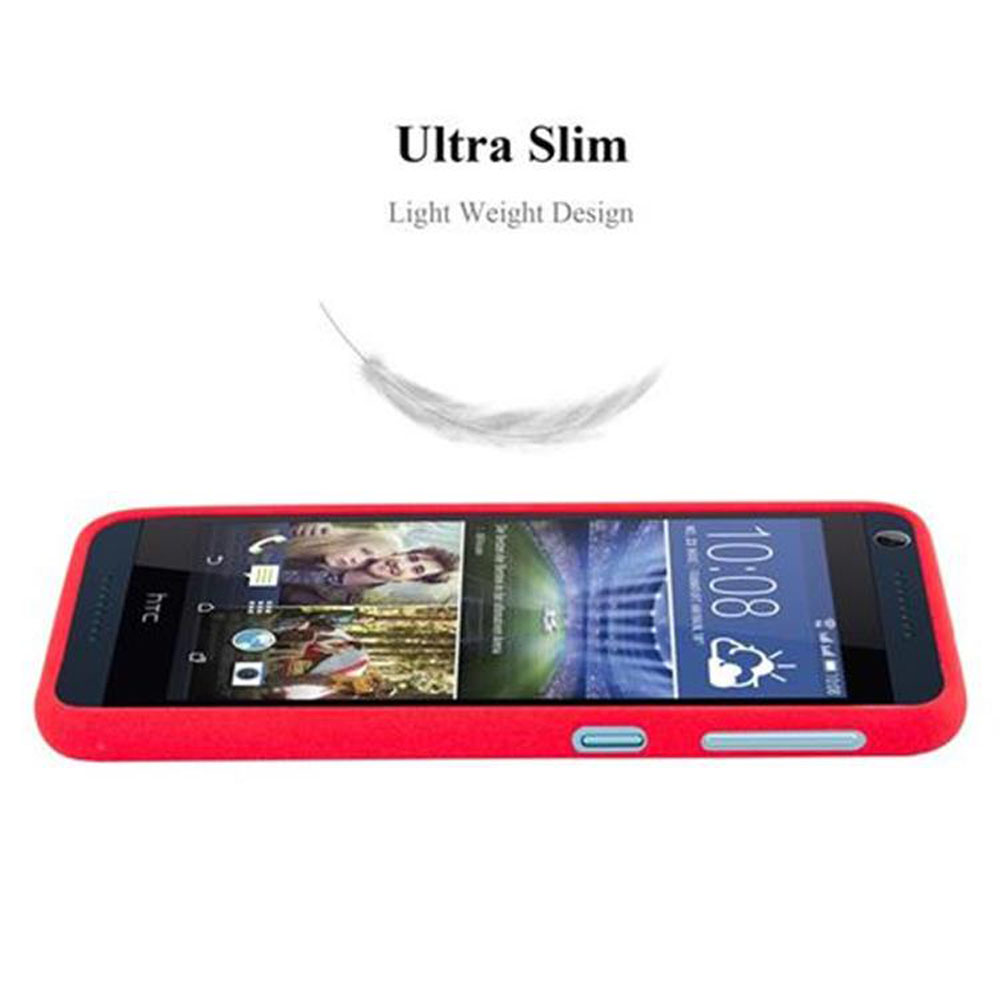 Telefono rosso in una custodia rossa. Lo schermo mostra una foto di uomo e donna. Testo: Ultra Slim, Light Weight Design.