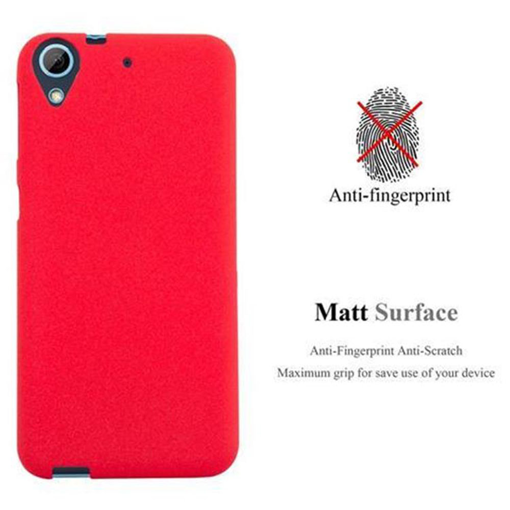 Custodia del telefono rossa. Testi 'Anti-impronta' e 'Superficie opaca' sono mostrati. Testo antigraffio presente.