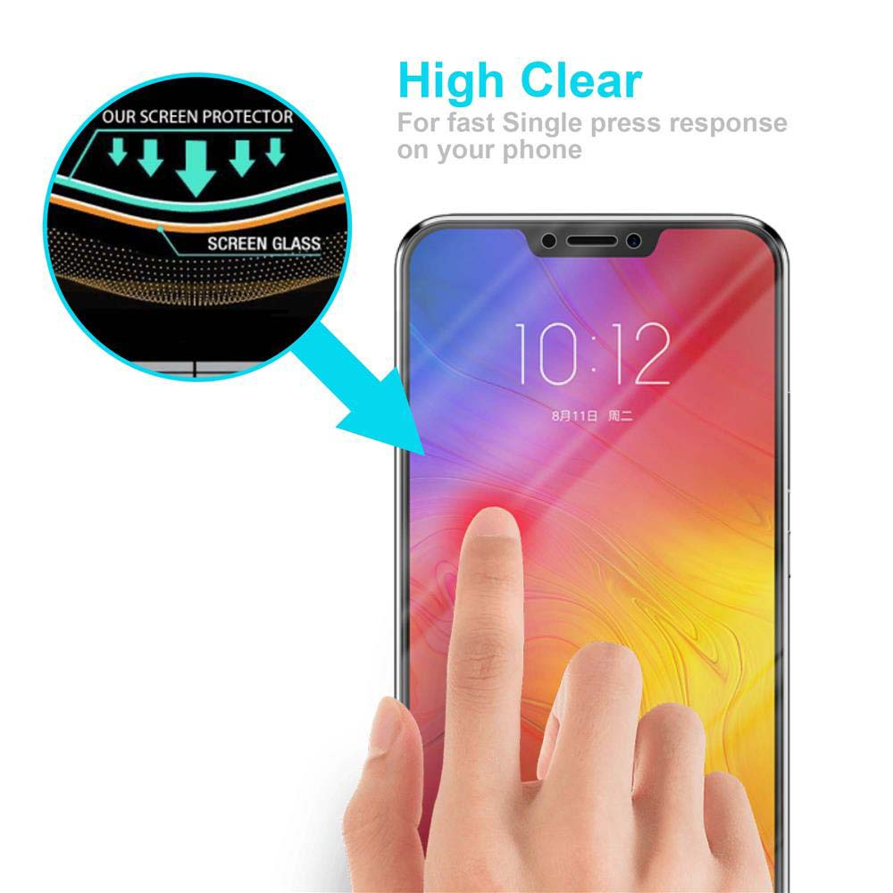Il dito tocca lo schermo del telefono. Testo: High Clear, Our Screen Protector e Screen Glass. Il telefono mostra l'ora.
