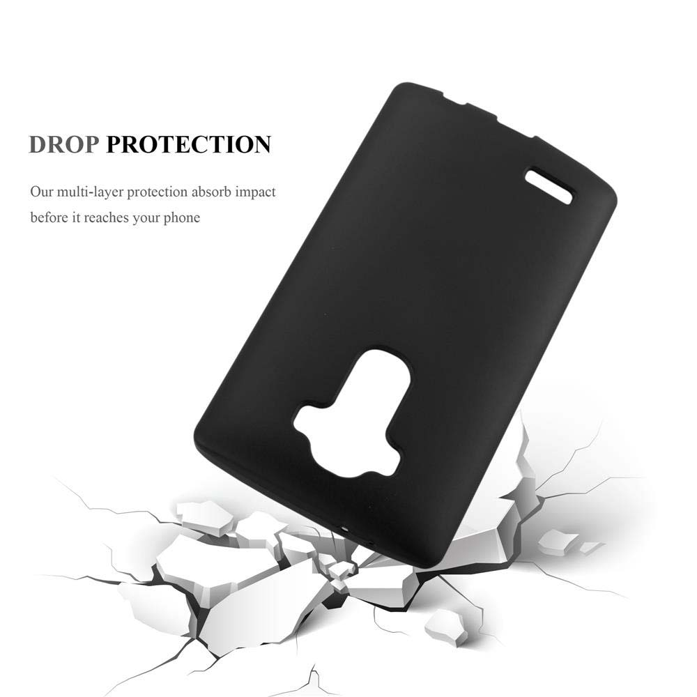 Funda de teléfono negra cayendo sobre superficie de hormigón roto, indicando protección contra caídas.