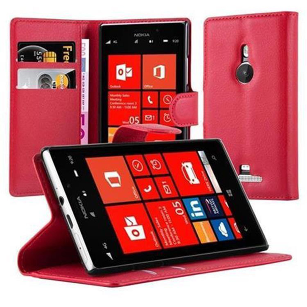Una custodia per telefono rossa con un telefono all'interno e fessure per carte. La custodia è aperta.