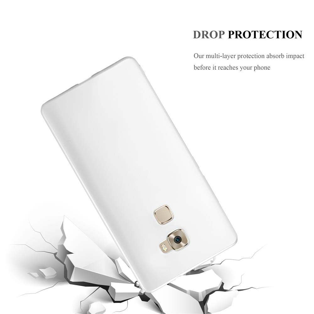 Weißes Telefon auf weißem Hintergrund. Text lautet 'Drop Protection'. Telefon ist zerbrochen.