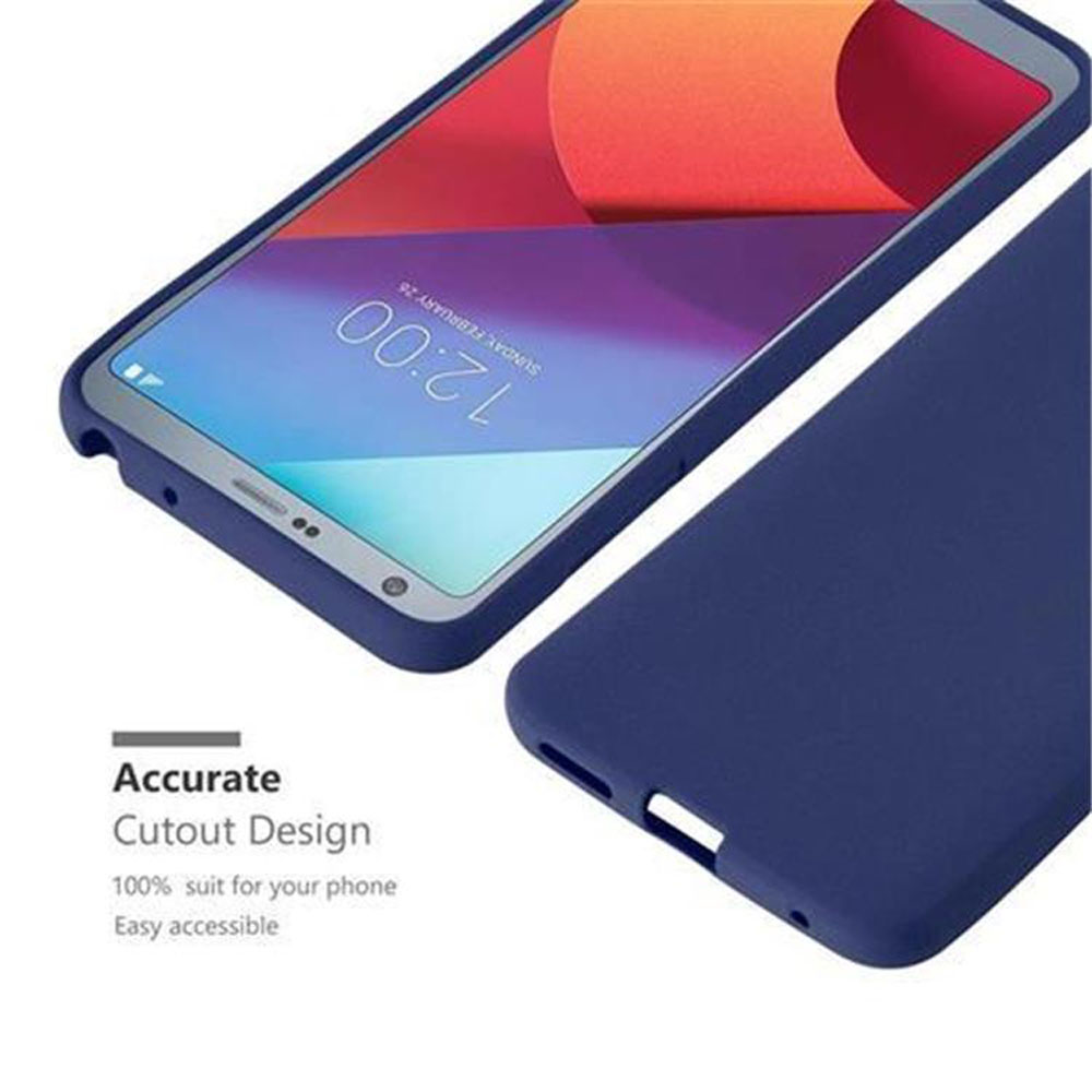 Custodia blu per telefono. La custodia è aperta. Mostra il telefono. Testo bianco in basso.