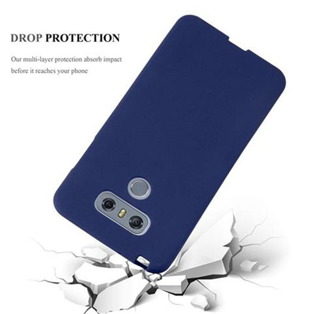 Custodia per telefono blu scuro, con ritagli per fotocamera e flash su sfondo bianco.
