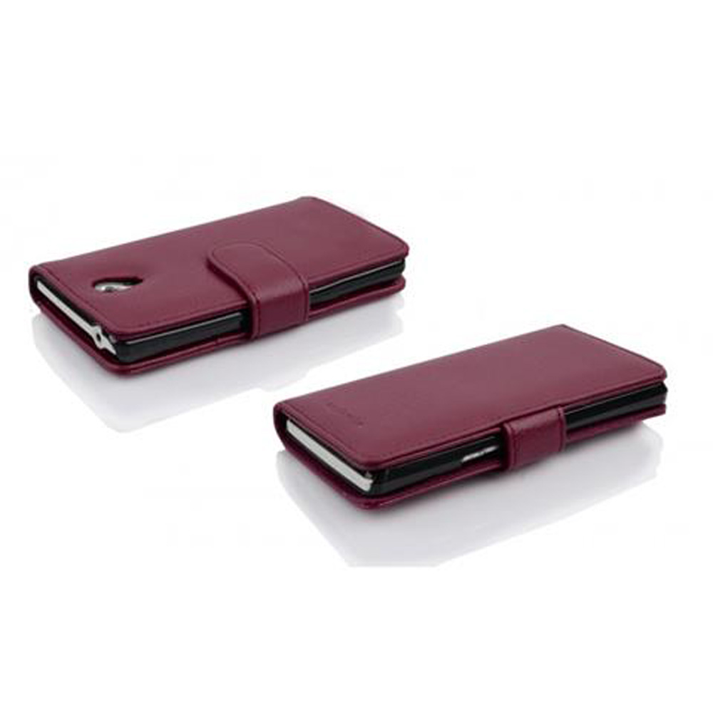 Due custodie per telefono sono disposte fianco a fianco. Le custodie sono chiuse e color bordeaux, con una chiusura.