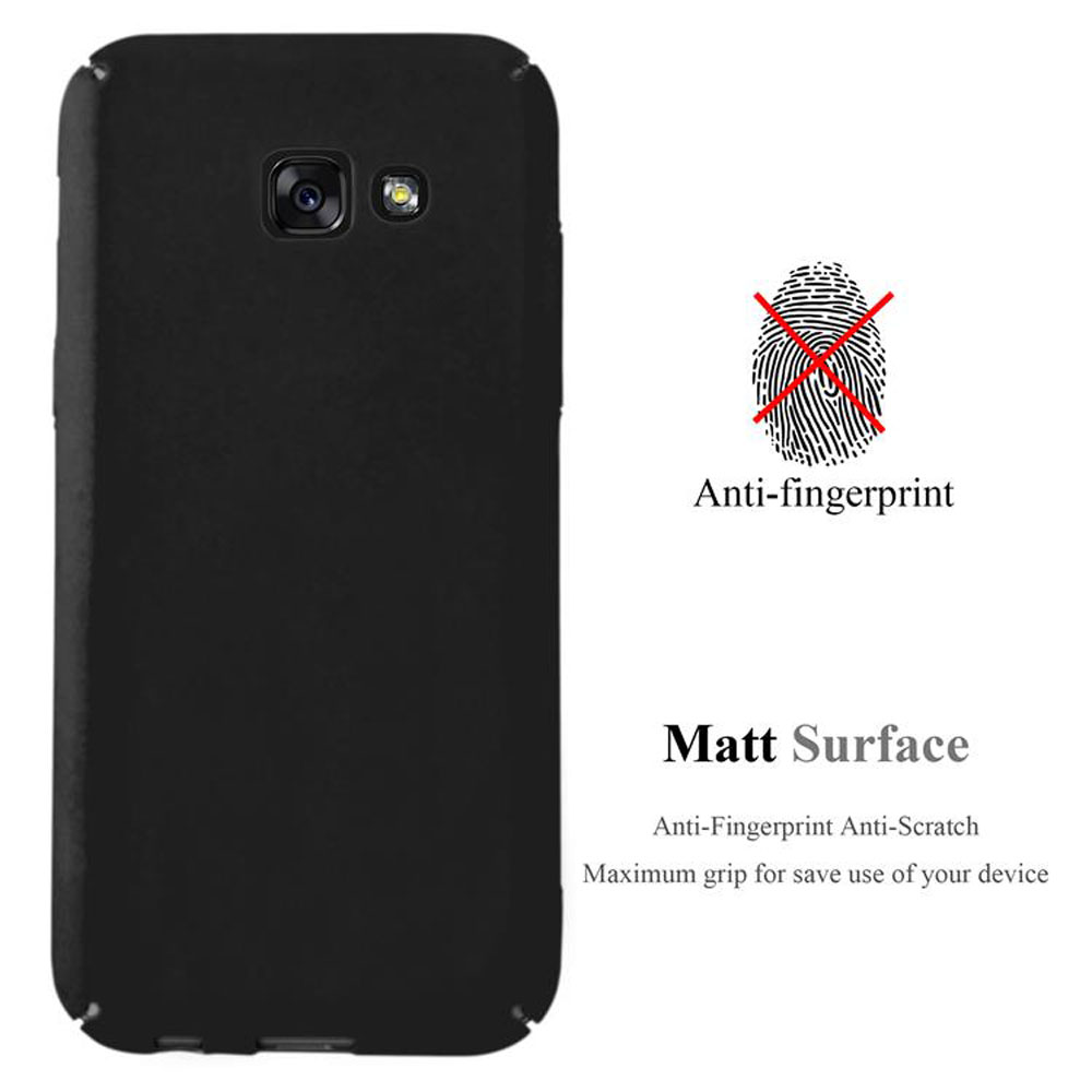 Custodia nera per telefono con funzioni anti-impronta e superficie opaca su sfondo bianco.