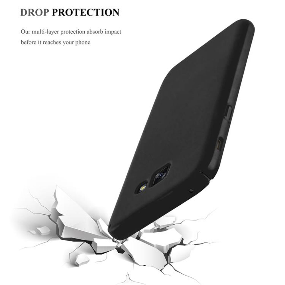 Custodia per telefono nera intitolata 'DROP PROTECTION' con crepe da impatto a terra.