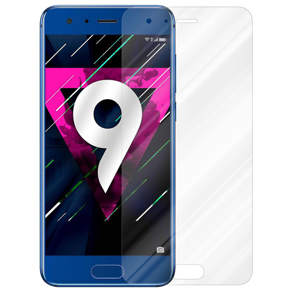 Telefono blu con protezione schermo. Lo schermo ha un '9' bianco e delle linee.