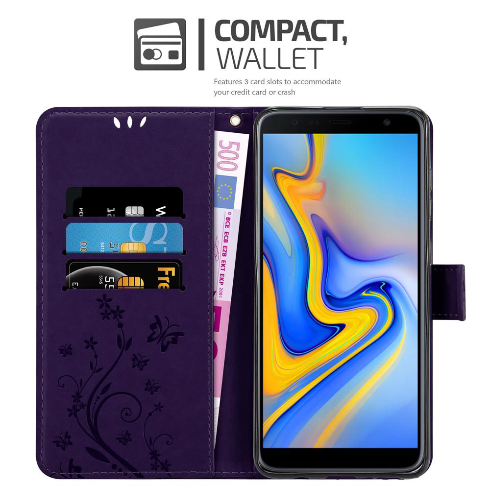 Custodia viola per telefono a portafoglio, con slot per carte, una banconota e un telefono.