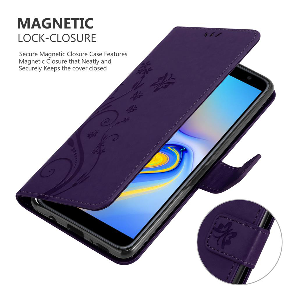 Una custodia per telefono viola con un design floreale, aperta per mostrare un telefono all'interno.