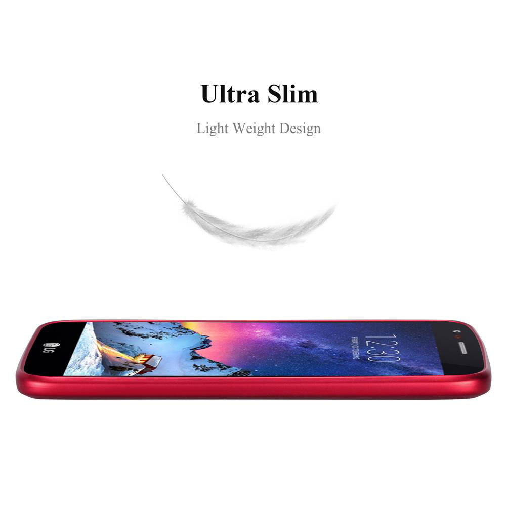 Una custodia rossa per telefono con un telefono all'interno. Una piuma fluttua sopra il telefono. Testo: 'Ultra Slim'.
