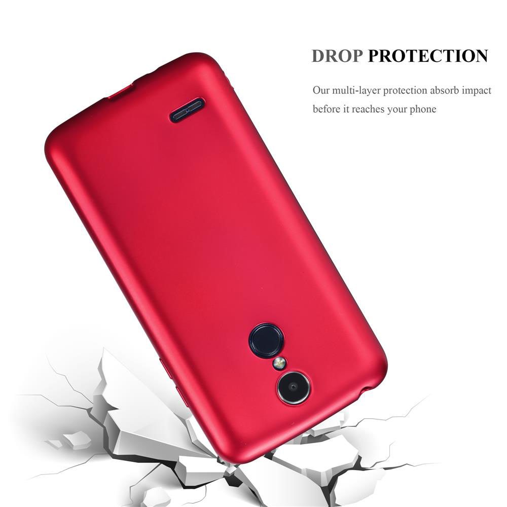 Custodia rossa per telefono, angolata, effetto pavimento crepato. Sfondo bianco con testo 'DROP PROTECTION'.