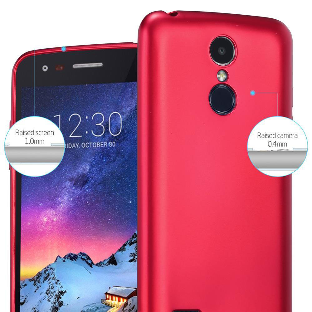 Una custodia per telefono rossa, che mostra la parte posteriore di un telefono con aree dello schermo e della fotocamera rialzate.