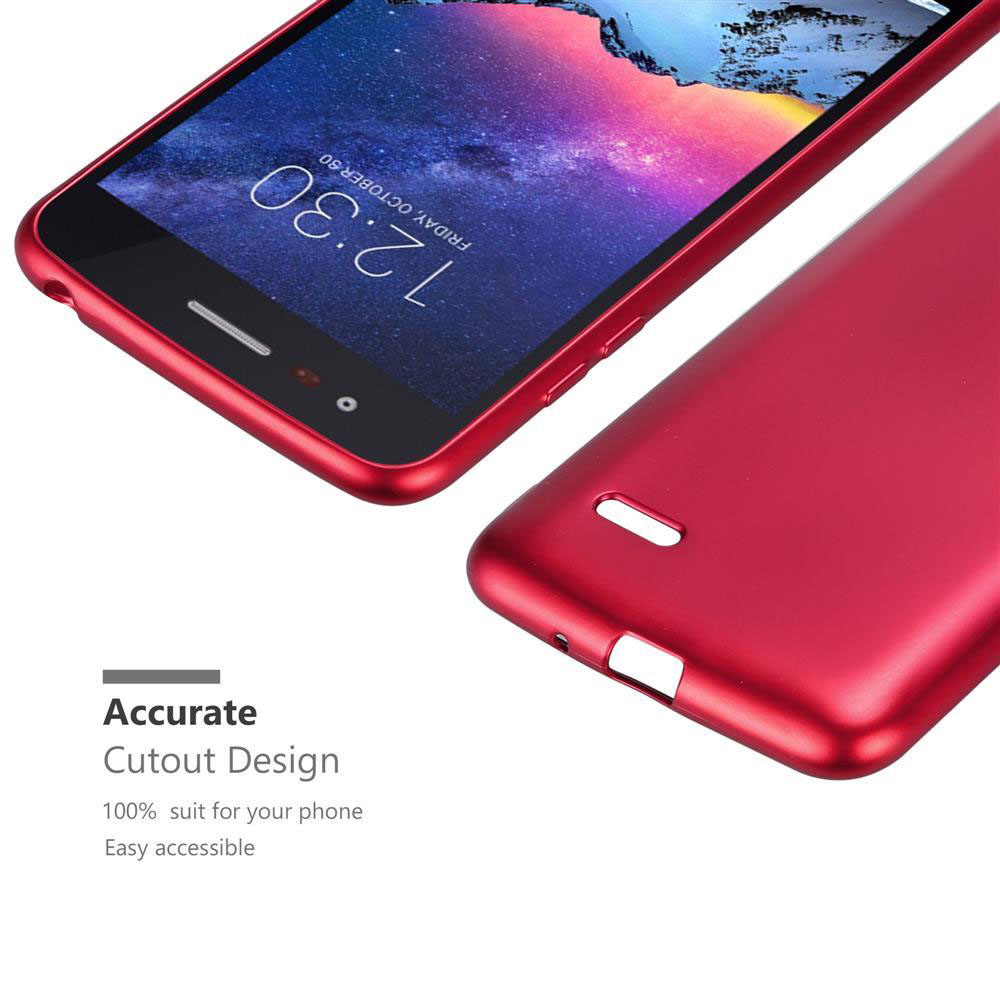 Un telefono rosso con una custodia abbinata viene mostrato. La custodia è staccata dal telefono. Mostra un design preciso.