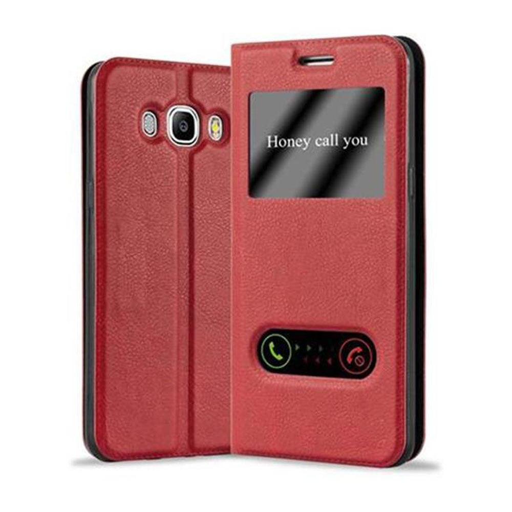 Funda roja tipo flip, abierta, mostrando pantalla con texto 'Honey call you'.