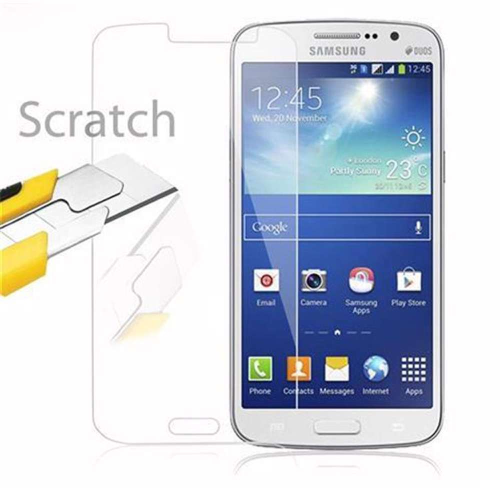 Smartphone con protector de pantalla aplicado. Texto incluye "Arañazo" y funciones del teléfono.
