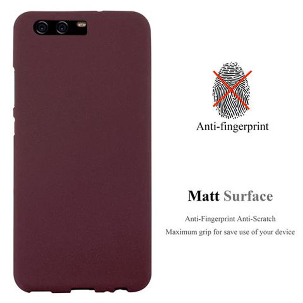 Custodia per telefono bordeaux con tre lenti della fotocamera e testo che indica anti-impronte e superficie opaca.