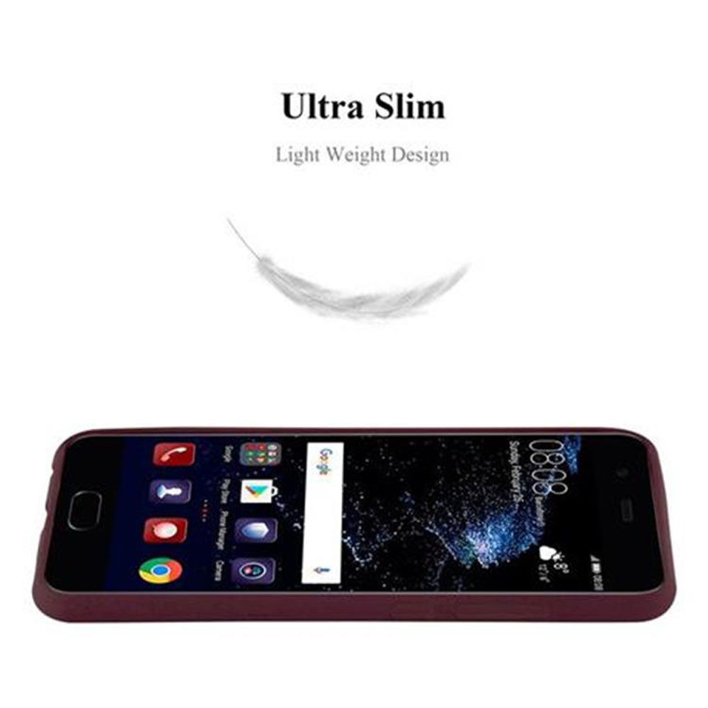 Un telefono in una custodia bordeaux. Testo in alto: Ultra Slim.
