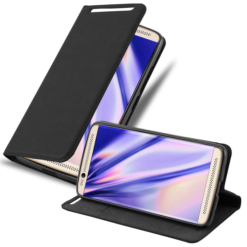 Custodia per telefono nera con un telefono all'interno. La custodia è aperta e lo schermo è visibile. Il telefono ha un display colorato.
