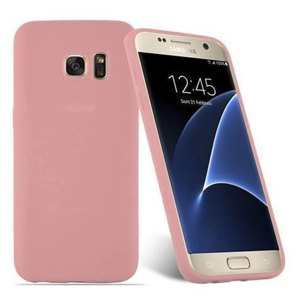 Custodia rosa per telefono con telefono. Telefono a destra, schermo che mostra l'ora, design a onda blu. Custodia a sinistra.