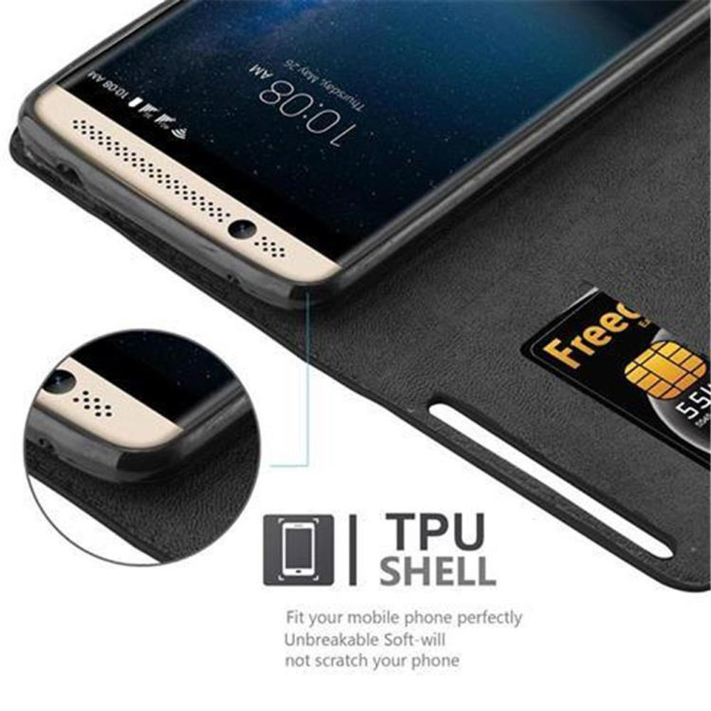 Telefono in una custodia, che mostra uno slot per carta di credito e il display del telefono con l'ora.