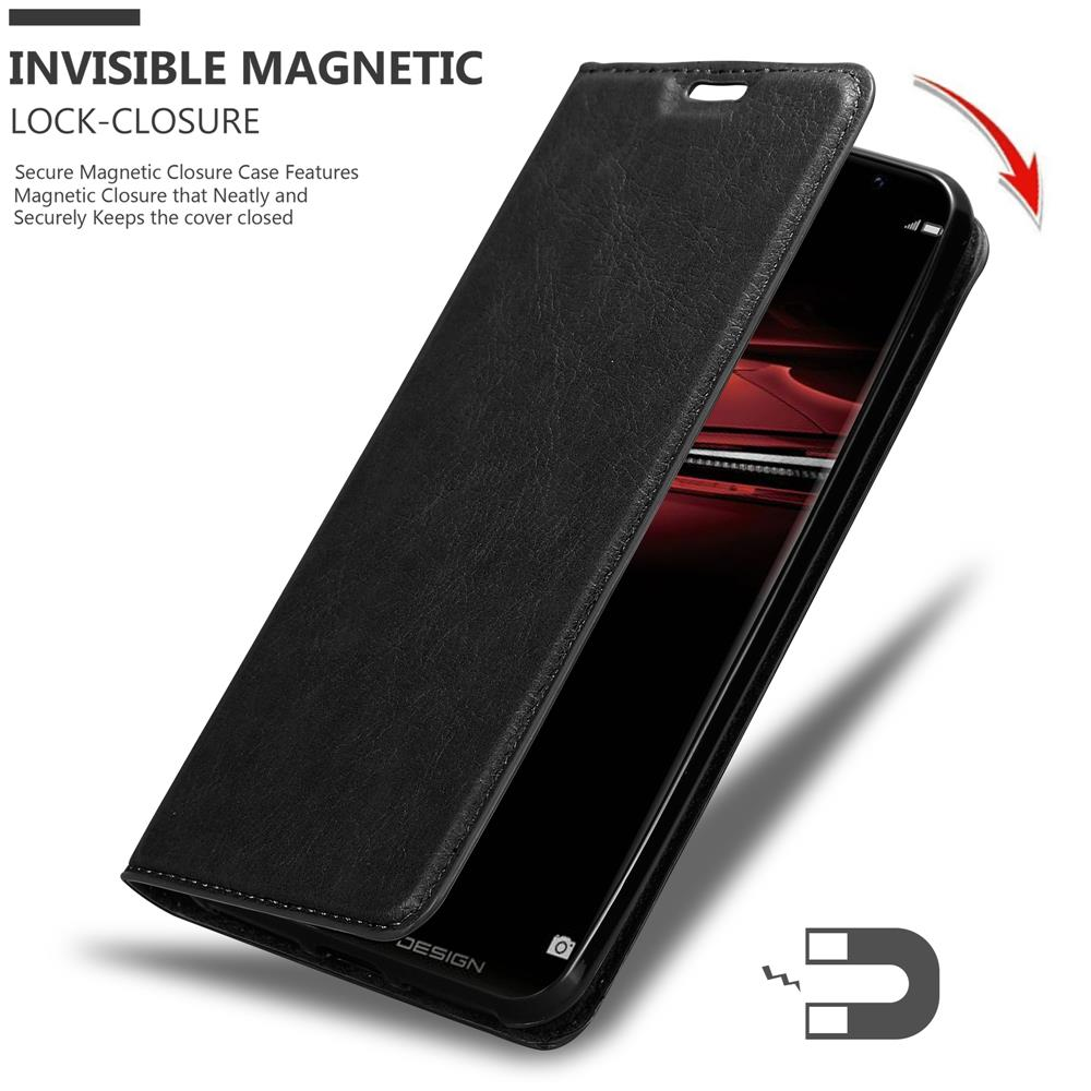Custodia per telefono nera aperta per rivelare un telefono. Il testo evidenzia la chiusura magnetica invisibile.