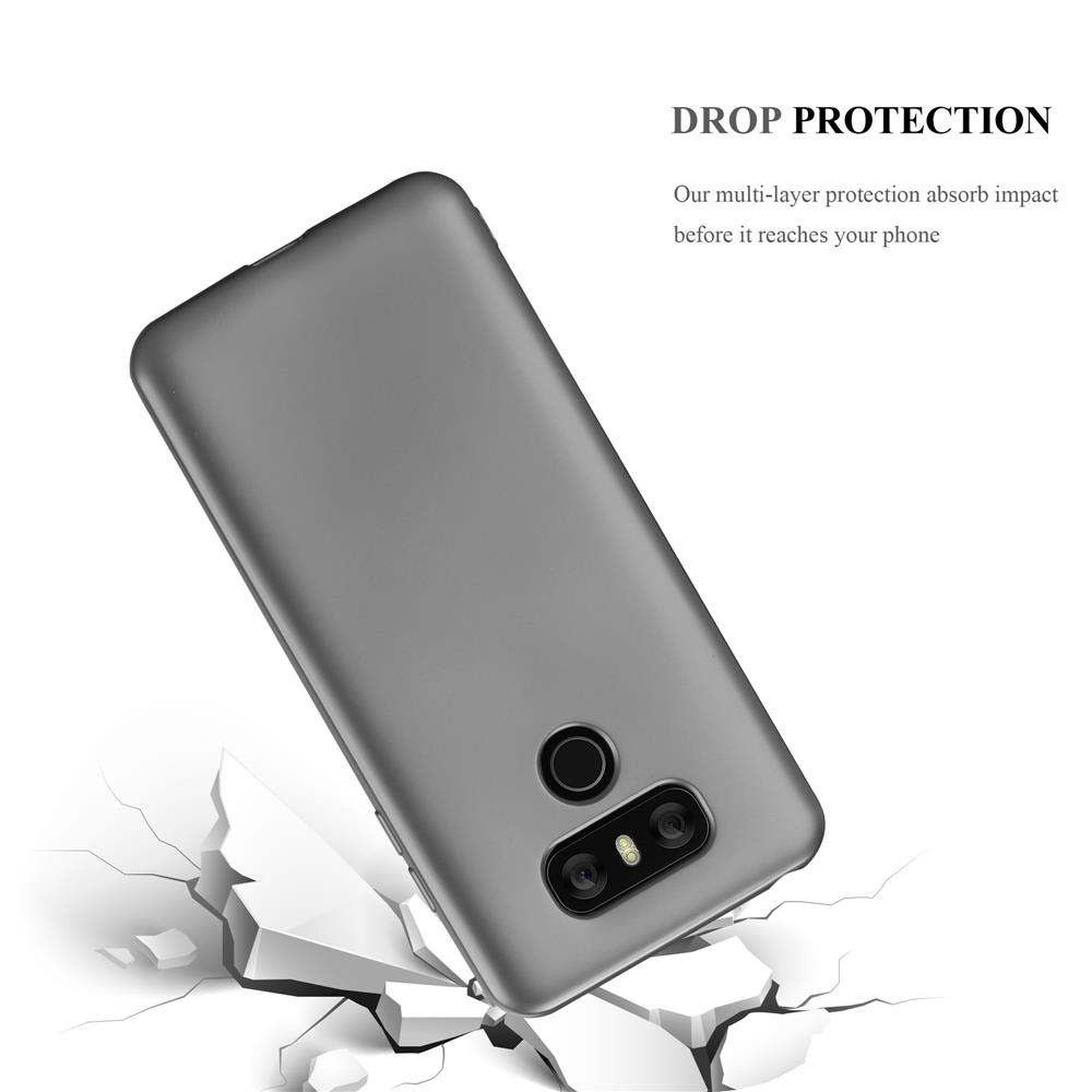 Custodia grigia per telefono con telefono all'interno, su sfondo bianco, con superficie incrinata.