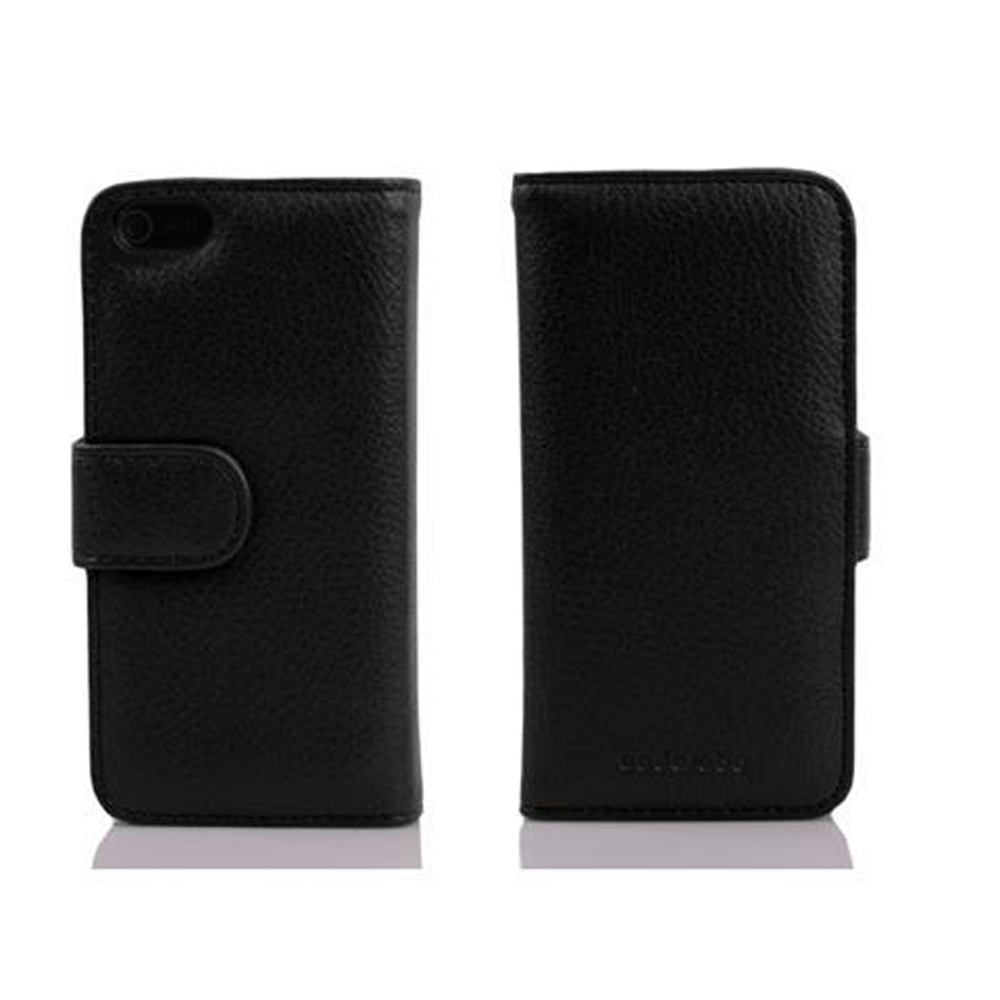 Zwei schwarze Leder-Handyhüllen. Eine ist offen und zeigt das Telefon, die andere ist geschlossen.