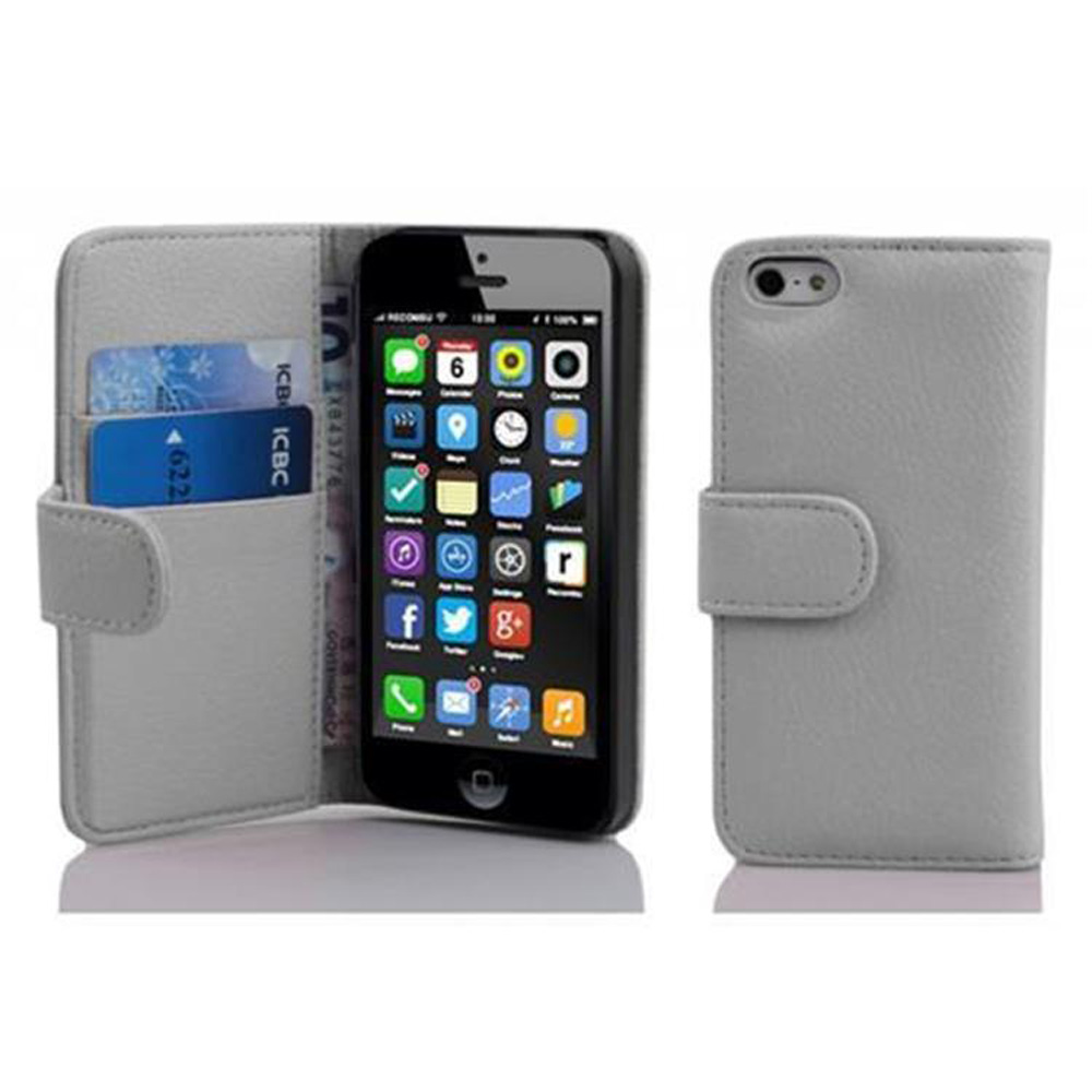 Funda gris con teléfono dentro. Muestra iconos de apps y reloj. La funda tiene ranuras.