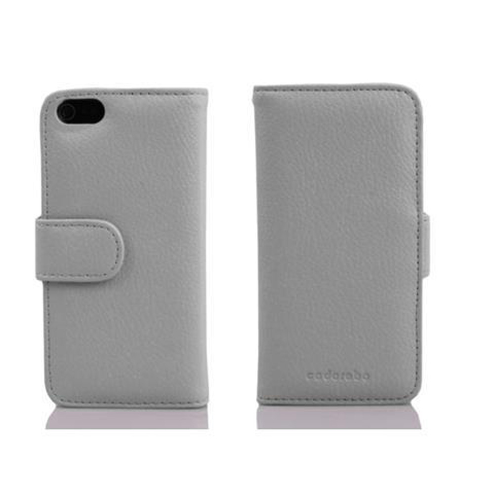Dos fundas grises de cuero para teléfono, una abierta, otra cerrada.
